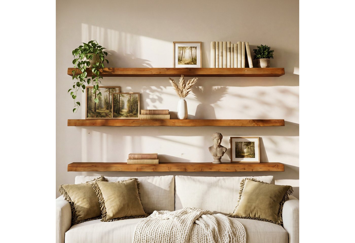 Tribesigns Wandboard 120 cm lange, schwebende Wandregale aus Massivholz, 3er-Set Wandregal, mit Baumkante im Landhausstil für Schlafzimmer, Wohnzimmer, Küche, Büro Bild 4