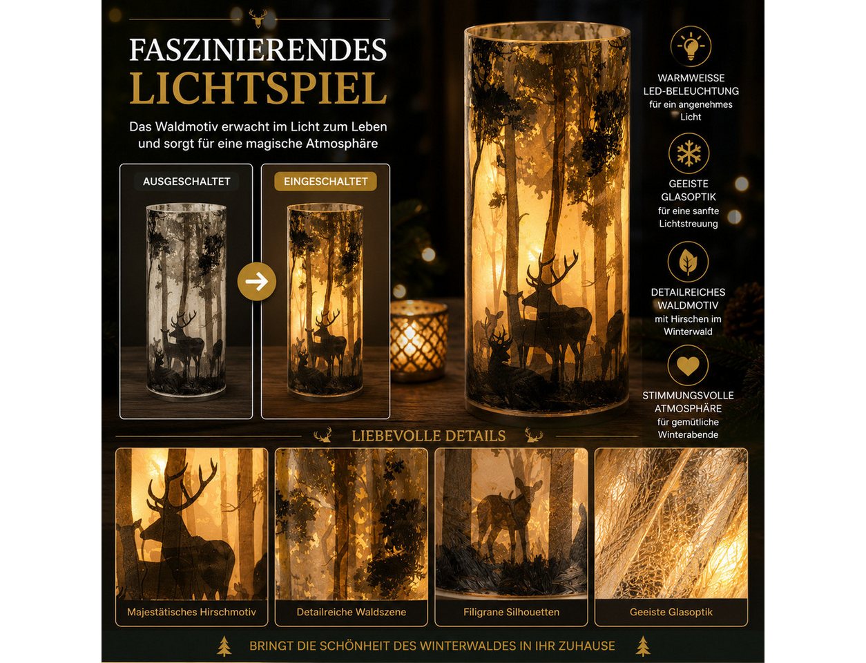 formano LED Dekolicht LED Deko Licht Winterdeko Leuchtglas mit Hirschmotiv mattes Glas 20cm, LED fest integriert Bild 2