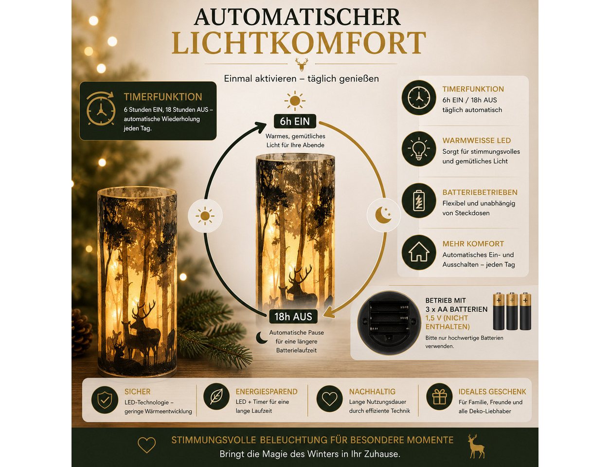 formano LED Dekolicht LED Deko Licht Winterdeko Leuchtglas mit Hirschmotiv mattes Glas 20cm, LED fest integriert Bild 3