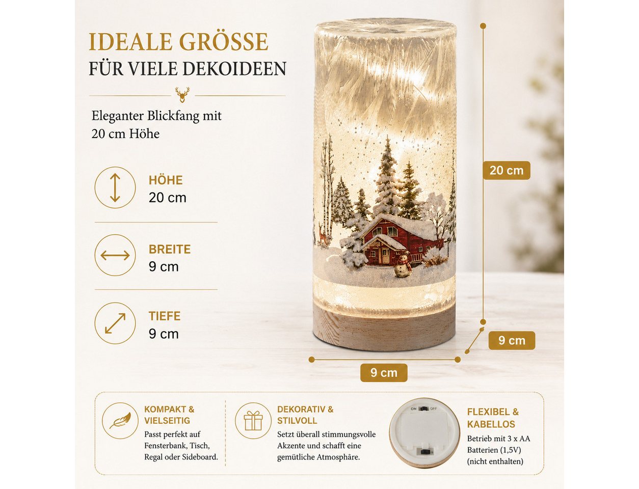 formano LED Dekolicht LED Deko Licht Winterlandschaft Leuchtglas Holzsockel 20cm Timer 6/18h, LED fest integriert