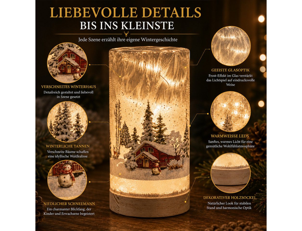 formano LED Dekolicht LED Deko Licht Winterlandschaft Leuchtglas Holzsockel 20cm Timer 6/18h, LED fest integriert Bild 2