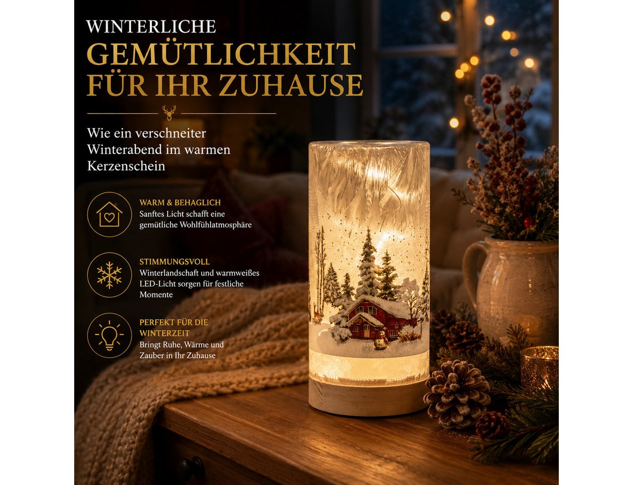 formano LED Dekolicht LED Deko Licht Winterlandschaft Leuchtglas Holzsockel 20cm Timer 6/18h, LED fest integriert Bild 4