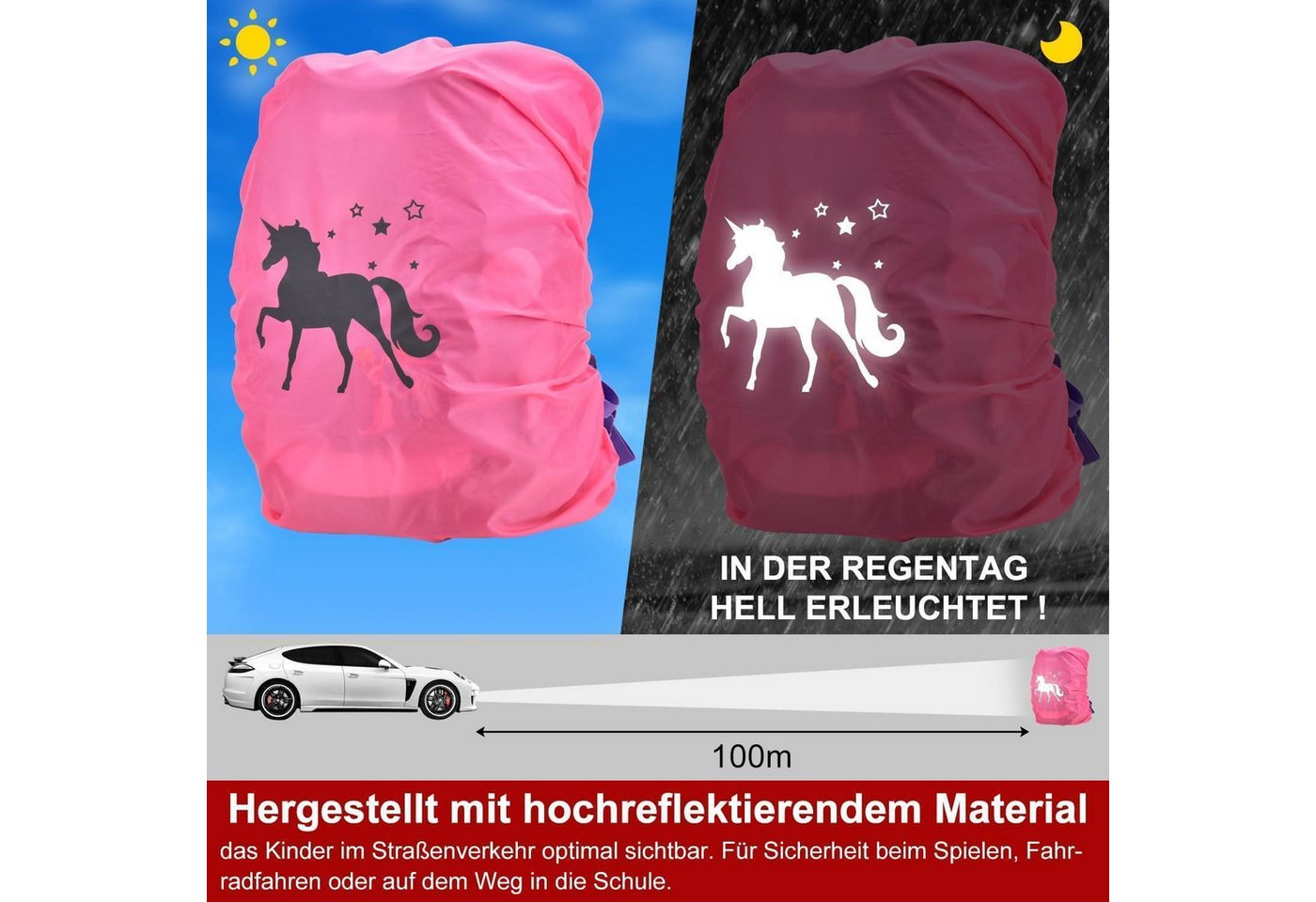 LuxusKollektion Rucksack-Regenschutz Regenschutzhülle Schulranzen Reflektoren Kinder Rosa Bild 2