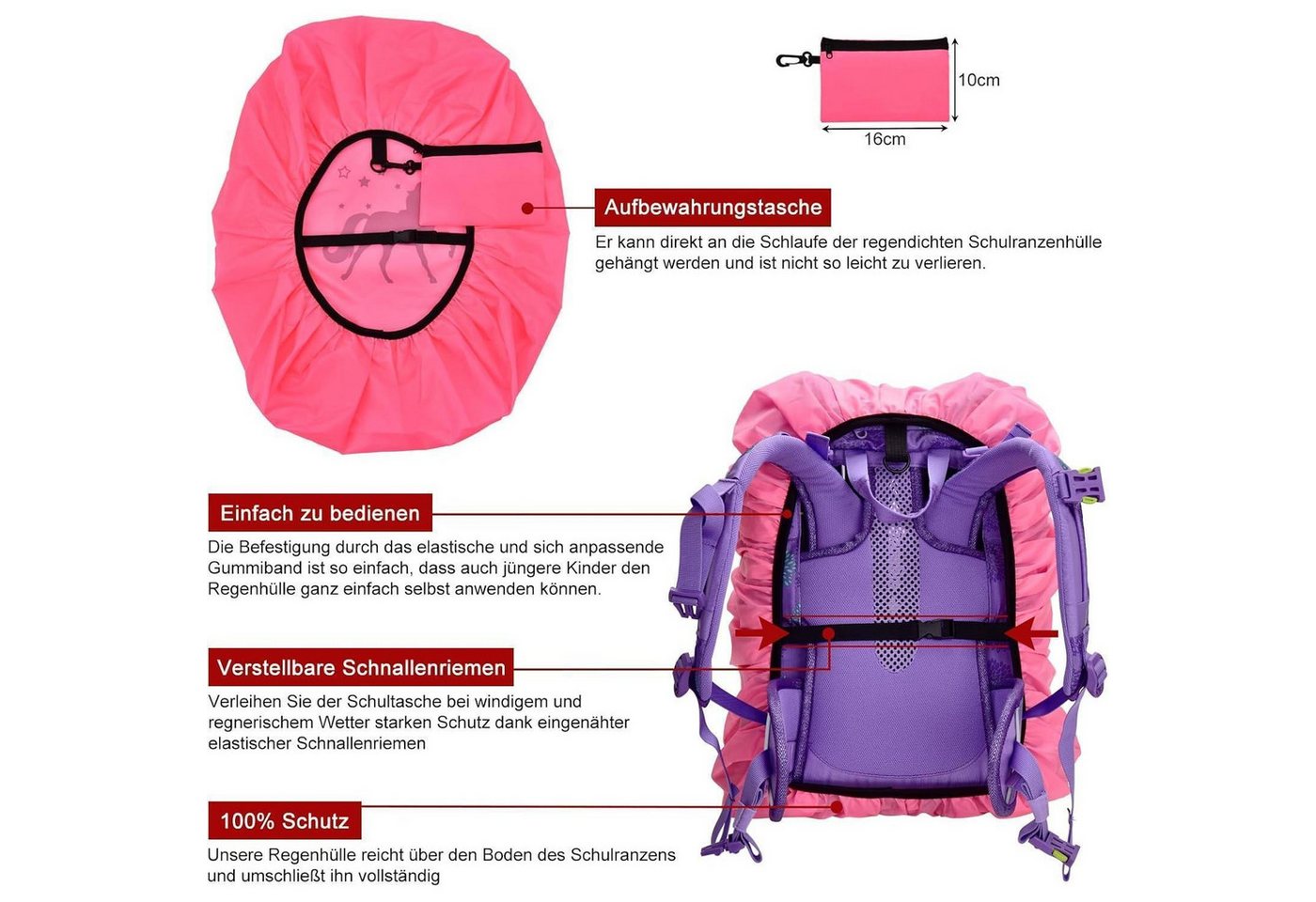 LuxusKollektion Rucksack-Regenschutz Regenschutzhülle Schulranzen Reflektoren Kinder Rosa Bild 3