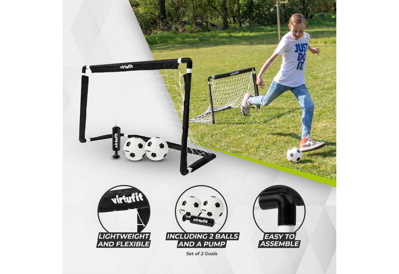 VirtuFit Fußballtor VirtuFit Kinder Fußballtore Set 2 Tore mit 2 Bällen Pumpe 92 x 64 cm
