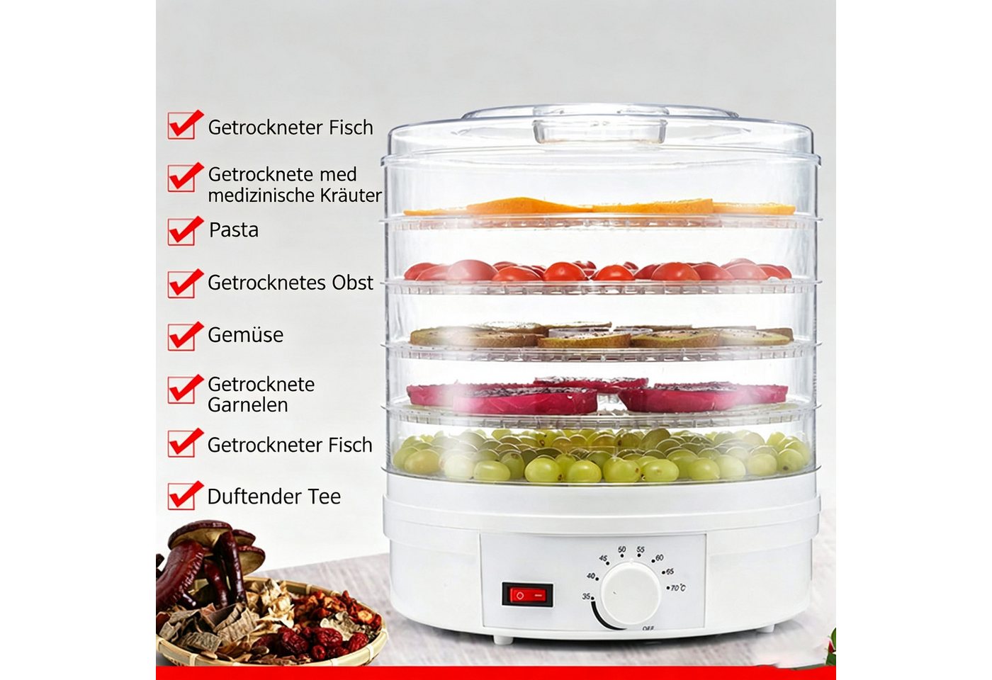 wohnTRAUM24 Dörrautomat Dörrautomat Dörrgerät mit Temperaturregler, 5 Einlegefächer, 35-70°C 350 W, 5 Etagen, Vielseitig für Obst, Fleisch, Fisch & Kräuter