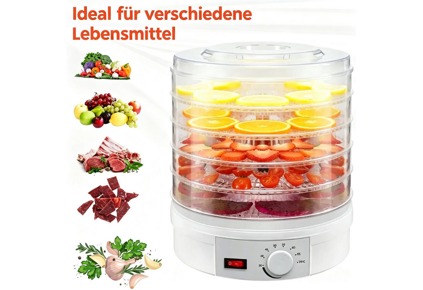 wohnTRAUM24 Dörrautomat Dörrautomat Dörrgerät mit Temperaturregler, 5 Einlegefächer, 35-70°C 350 W, 5 Etagen, Vielseitig für Obst, Fleisch, Fisch & Kräuter Bild 3