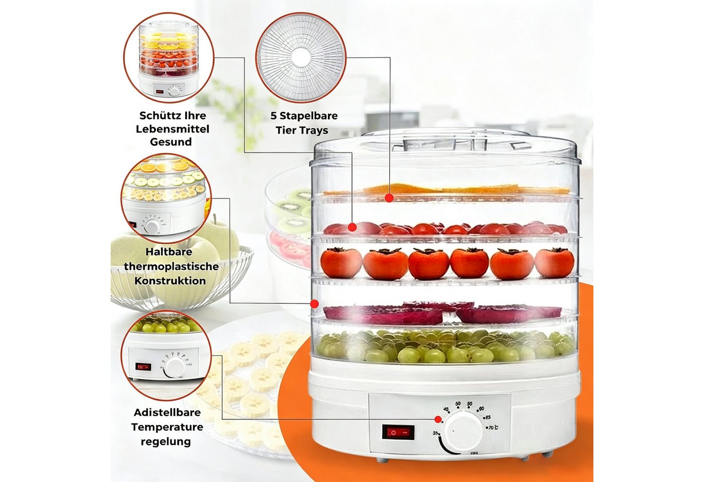 wohnTRAUM24 Dörrautomat Dörrautomat Dörrgerät mit Temperaturregler, 5 Einlegefächer, 35-70°C 350 W, 5 Etagen, Vielseitig für Obst, Fleisch, Fisch & Kräuter Bild 5