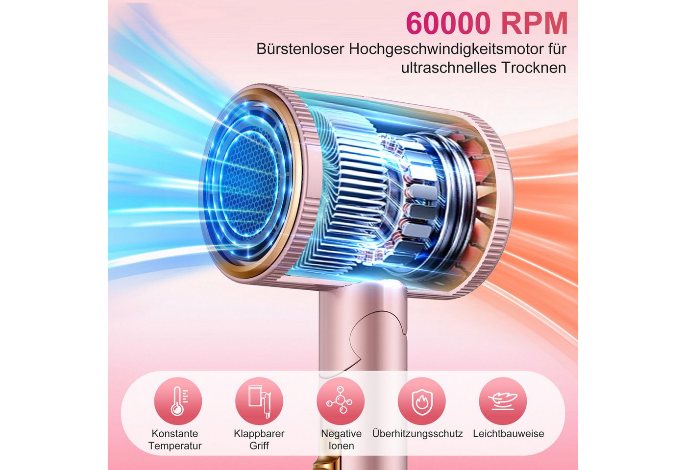 Fyrove Haartrockner Haartrockner Föhn,2026 Haartrockner Ionen mit Diffusor, 2400 W, Konzentrator-Düse, 2400 W, Turbo-Ultra-Leise-Motor, föhn 4-in-1, 4, Heiz&2 Geschwindigkeitsstufen, mit Schnelle Aufheizung Bild 5