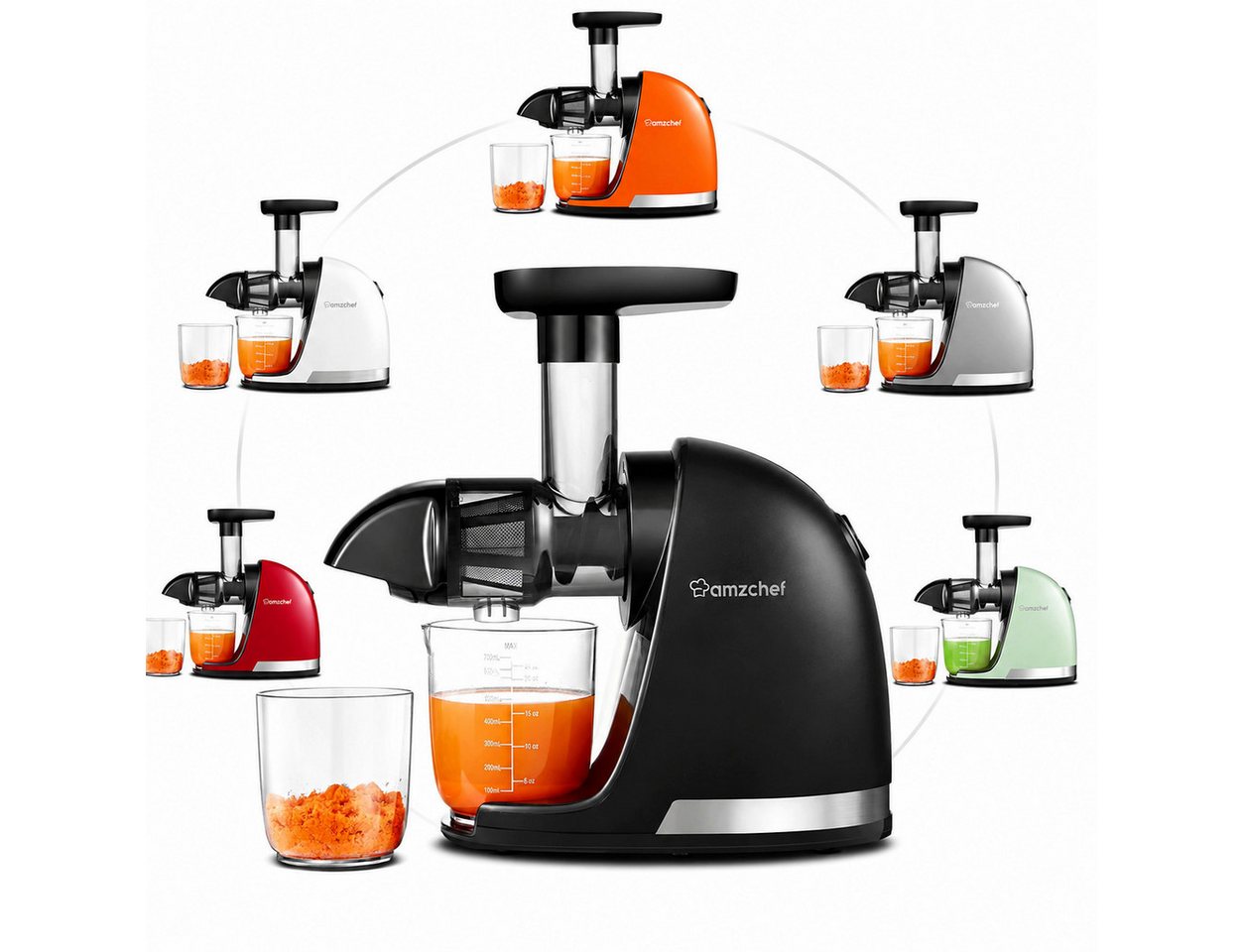 AMZCHEF Slow Juicer ZM1501 Entsafter für Obst & Gemüse 4-in-1 Saftpresse Edelstahlfilter, 150 W, 4-in-1, Schneckentechnologie, BPA-frei, Umkehrfunktion, leiser Betrieb