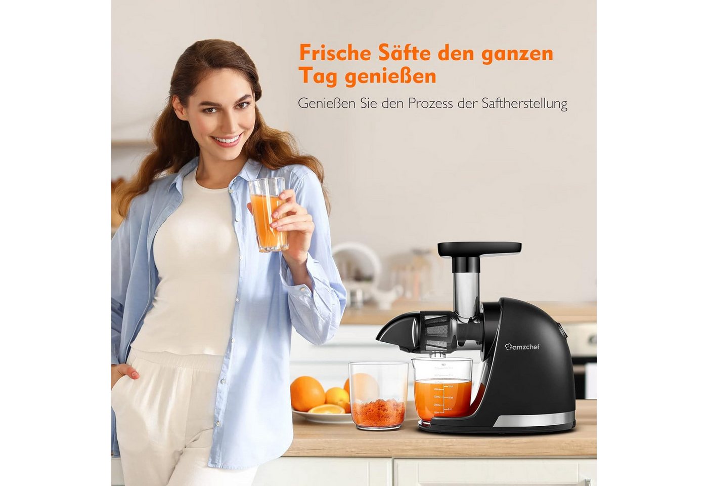 AMZCHEF Slow Juicer ZM1501 Entsafter für Obst & Gemüse 4-in-1 Saftpresse Edelstahlfilter, 150 W, 4-in-1, Schneckentechnologie, BPA-frei, Umkehrfunktion, leiser Betrieb Bild 3