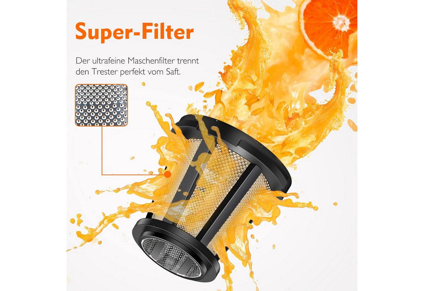 AMZCHEF Slow Juicer ZM1501 Entsafter für Obst & Gemüse 4-in-1 Saftpresse Edelstahlfilter, 150 W, 4-in-1, Schneckentechnologie, BPA-frei, Umkehrfunktion, leiser Betrieb Bild 4