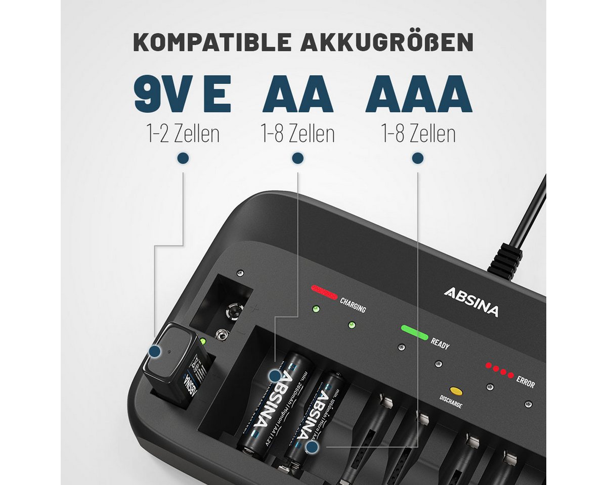 ABSINA X10 Akkuladegerät für AA, AAA & 9V - Batterieladegerät inkl. 4x Akkus Rundzellen-Lader (1-tlg)