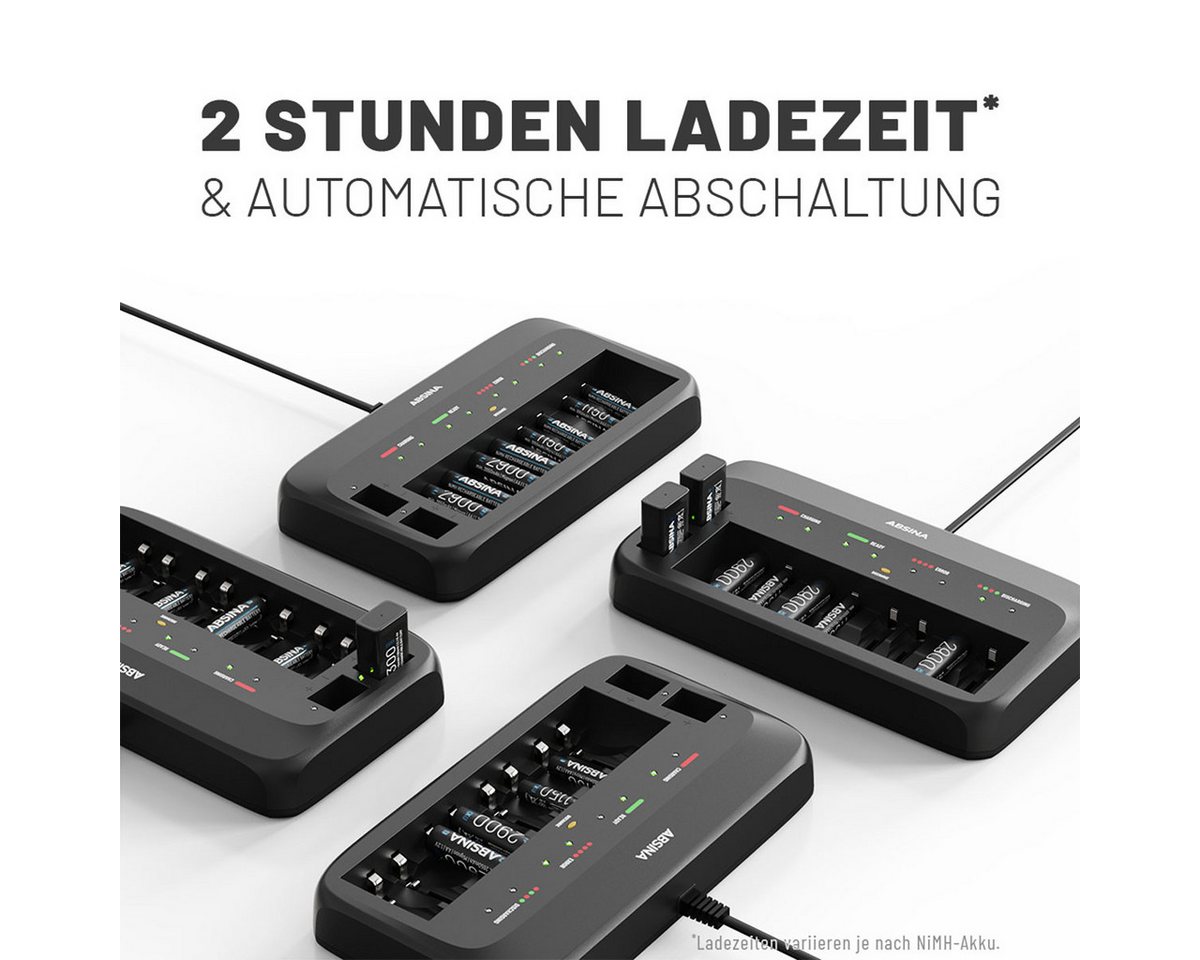 ABSINA X10 Akkuladegerät für AA, AAA & 9V - Batterieladegerät inkl. 4x Akkus Rundzellen-Lader (1-tlg) Bild 2