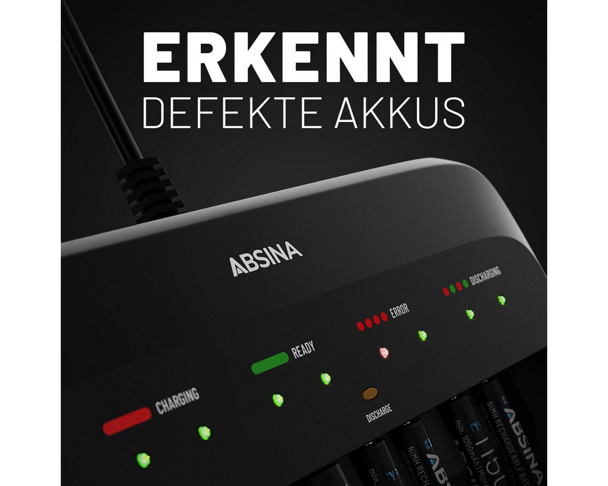 ABSINA X10 Akkuladegerät für AA, AAA & 9V - Batterieladegerät inkl. 4x Akkus Rundzellen-Lader (1-tlg) Bild 5