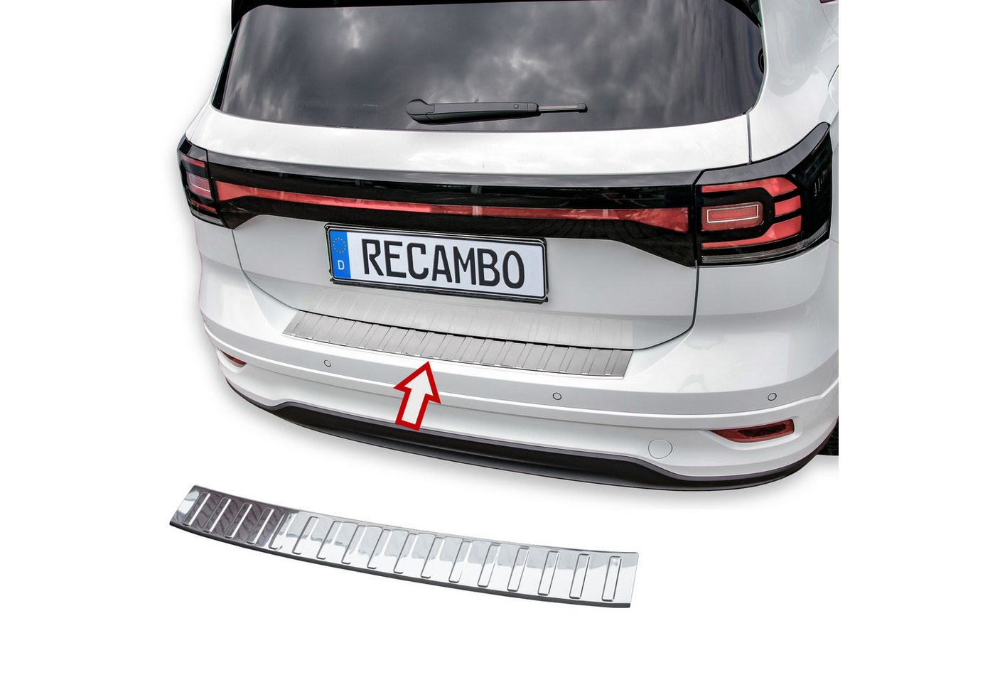 RECAMBO Ladekantenschutz für VW T-Cross, BJ ab 2018> Stoßstangenschutz, V2A rostfrei, Exklusive Optik, praktischer Schutz & perfekte Passform
