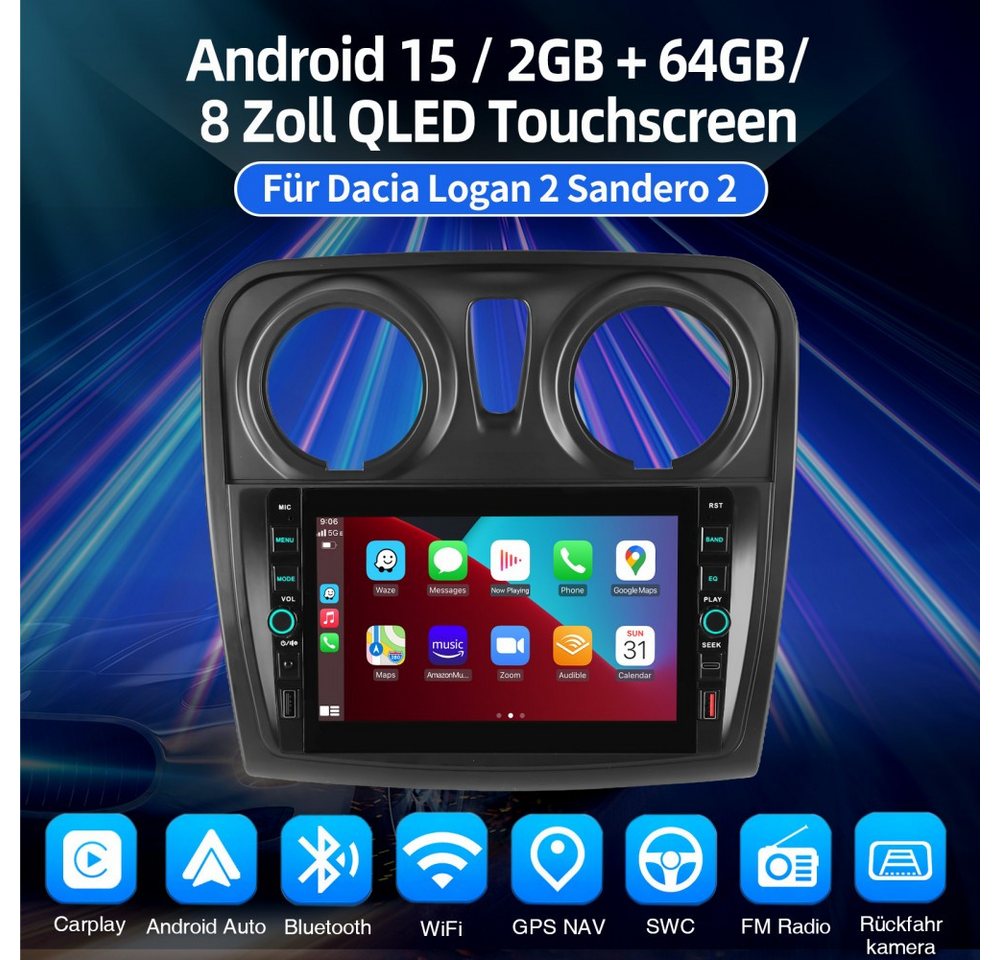 ESSGOO Für Renault Dacia Logan Sandero Carplay Navi Android 15 Autoradio (RDS, Digitalradio (DAB), FM, AM) Bild 2
