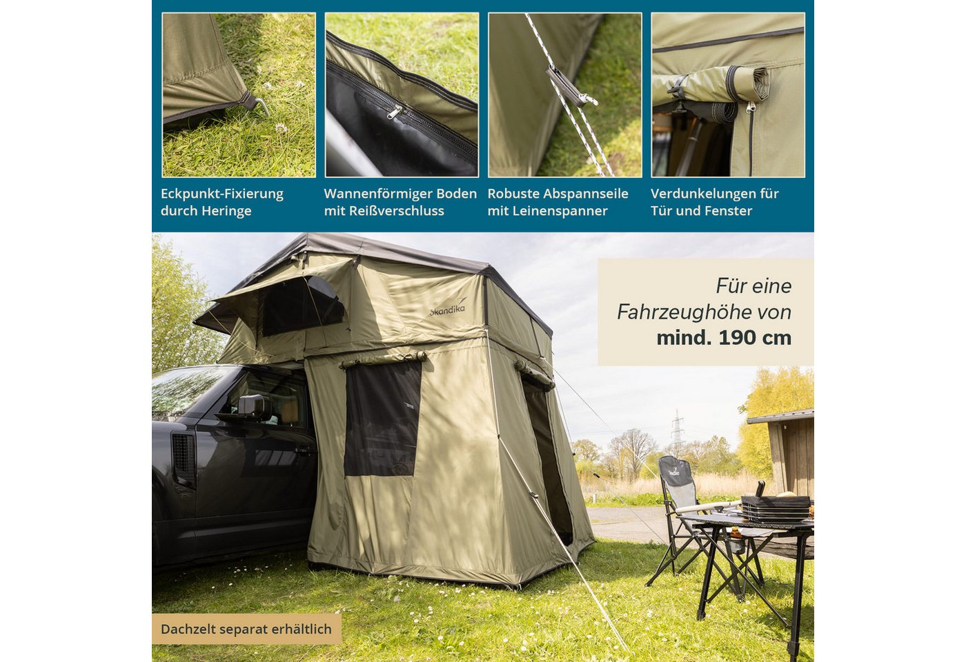 Skandika Dachzelt Freeland 4, Autodachzelt für 2-4 Personen, Vorzelt für Autozelt, (Zeltboden wannenförmig, abtrennbar (mit Rundum-Reißverschluss), Softcover, wasserfest 2500 mm, Eingang und Fenster mit Moskitonetz Bild 5