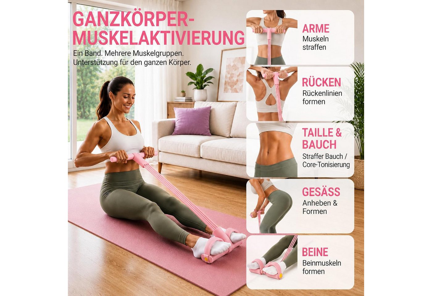 FELIXLEO Multitrainer Bauchtrainer mit Pedal-Widerstandsband, 6 Röhren, (1-St) Bild 5