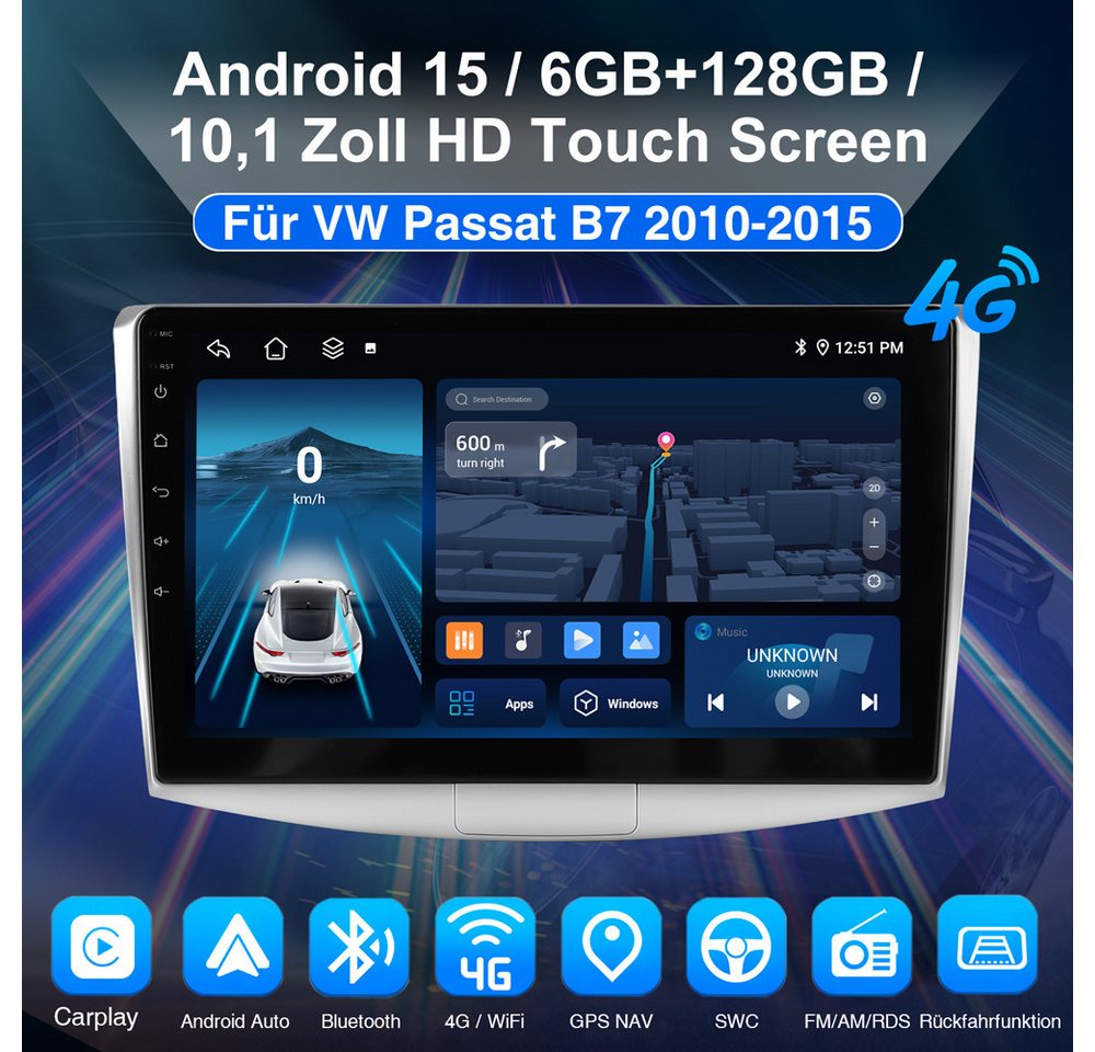ESSGOO 8-Kern 6+128GB Für VW Passat B7 2010-2015 Autoradio Android 15 Autoradio (RDS, Digitalradio (DAB), FM, 6+128GB, AM, Apple Carplay Android Auto 4G LTE DSP SWC)