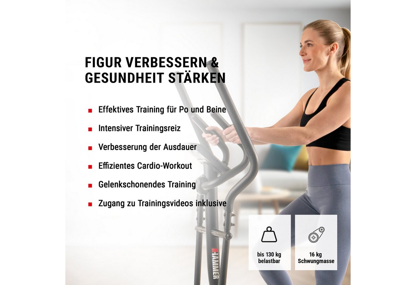 Hammer Crosstrainer Crosstech XTR BT- Glute Shaper, Handpuls, Kinomap/Zwift, 21 Progr.