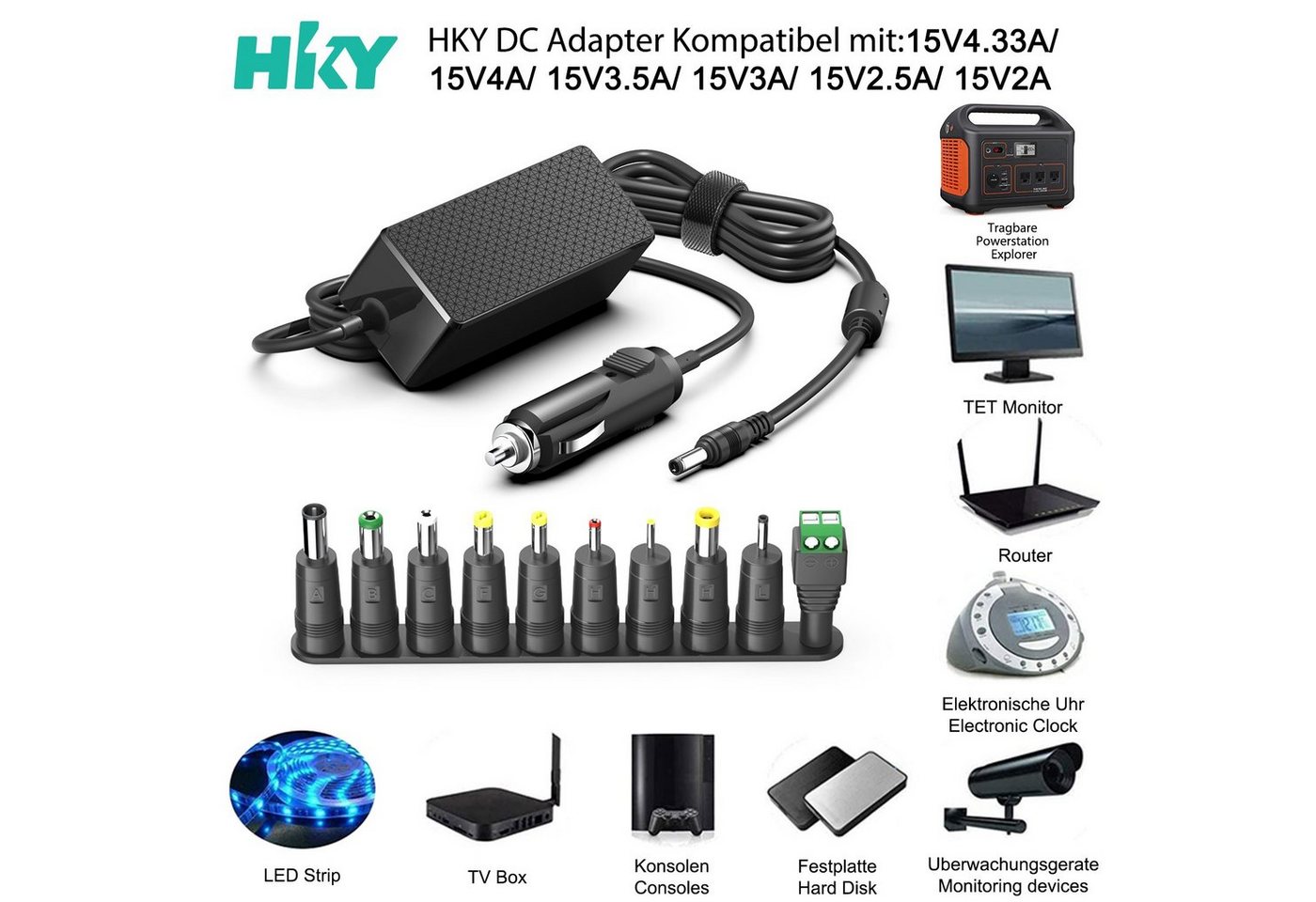 HKY 15V KFZ Netzteil Ladegerät für GVM LED Licht Panel und Lautsprecher KFZ-Netzteil (Kompatibel mit 520S 560AS 800D 800D-RGB, Marshall, Echo, Yamaha, TV) Bild 4