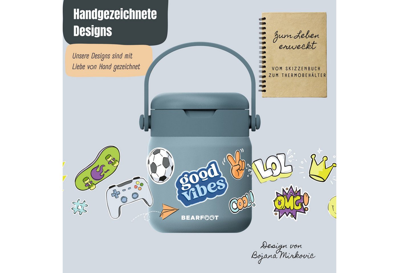 BEARFOOT Trinkflasche Thermobehälter Kinder Edelstahl - Sticker blau, Thermobehälter, auslaufsicher, Edelstahl, Food jar, BPA-frei