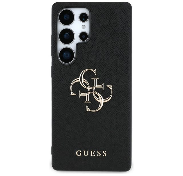 Guess Handyhülle Galaxy S25 Ultra Kunstleder schwarz mit goldfarbenen Logo 6,9 Zoll, Kantenschutz