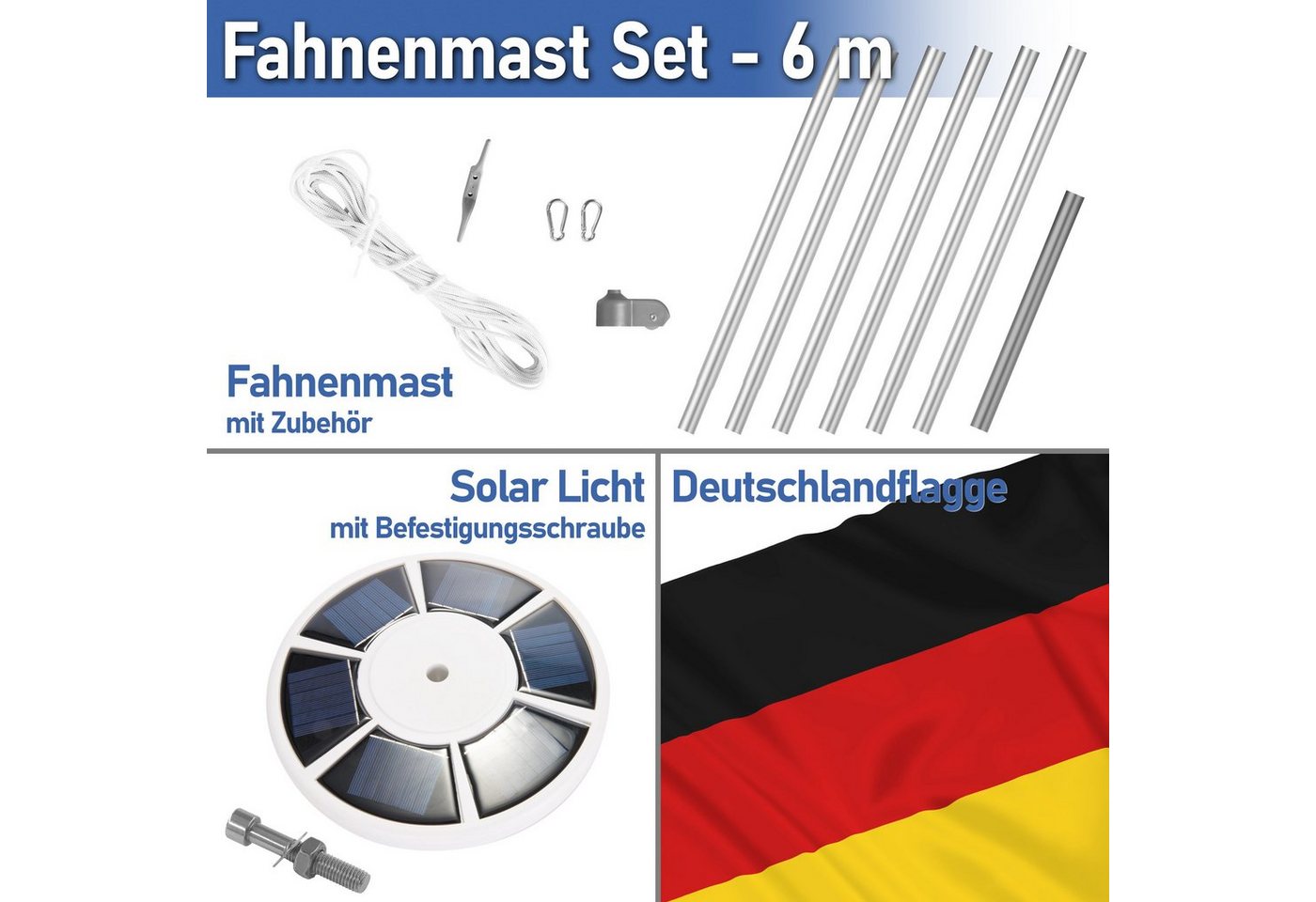 BRUBAKER Fahnenmast All-in-One Flaggenmast Set + Solar Fahnenmastlicht, (1-St., mit Bodenhülse + Deutschlandfahne + Solarlampe mit 26 LEDs), Aluminium Fahnenmast inkl. Deutschland Flagge und Solar-Energie Licht Bild 3