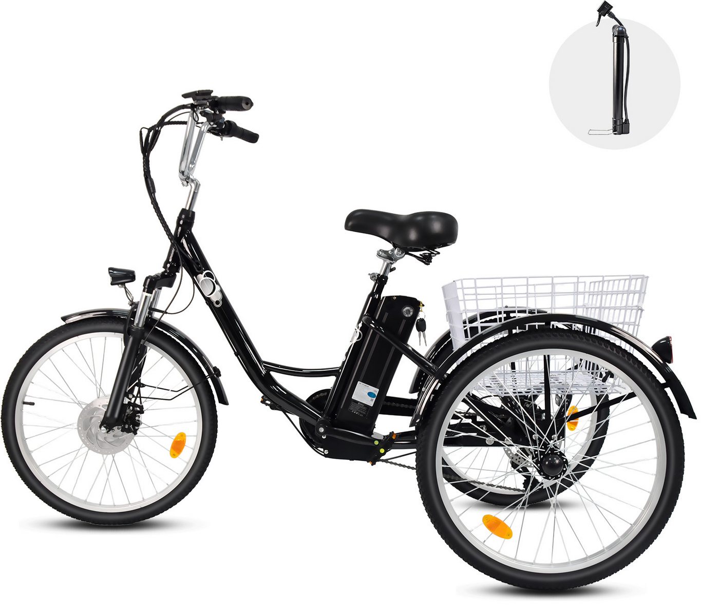 Vankel E-Bike Cityrad Damen u. Herren Elektro-Dreirad 24 Zoll 250W 648Wh 100km 3-Rad Pedelec, Kettenschaltung, Heckmotor, 648 Wh, (Beleuchtungsset mit Batterieladegerät, Batterieschlüssel, Werkzeug), Shimano 7-Gang Vorderradmotor Federgabel Cargobike 120kg Traglast