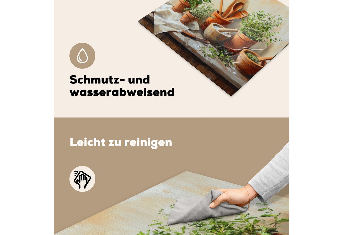 MuchoWow Herd-Abdeckplatte Töpfe - Kräuter - Holz, Vinyl, (1 tlg), Küche Herdabdeckplatte Ceranfeld Vinyl Einteilig, 59x52 cm
