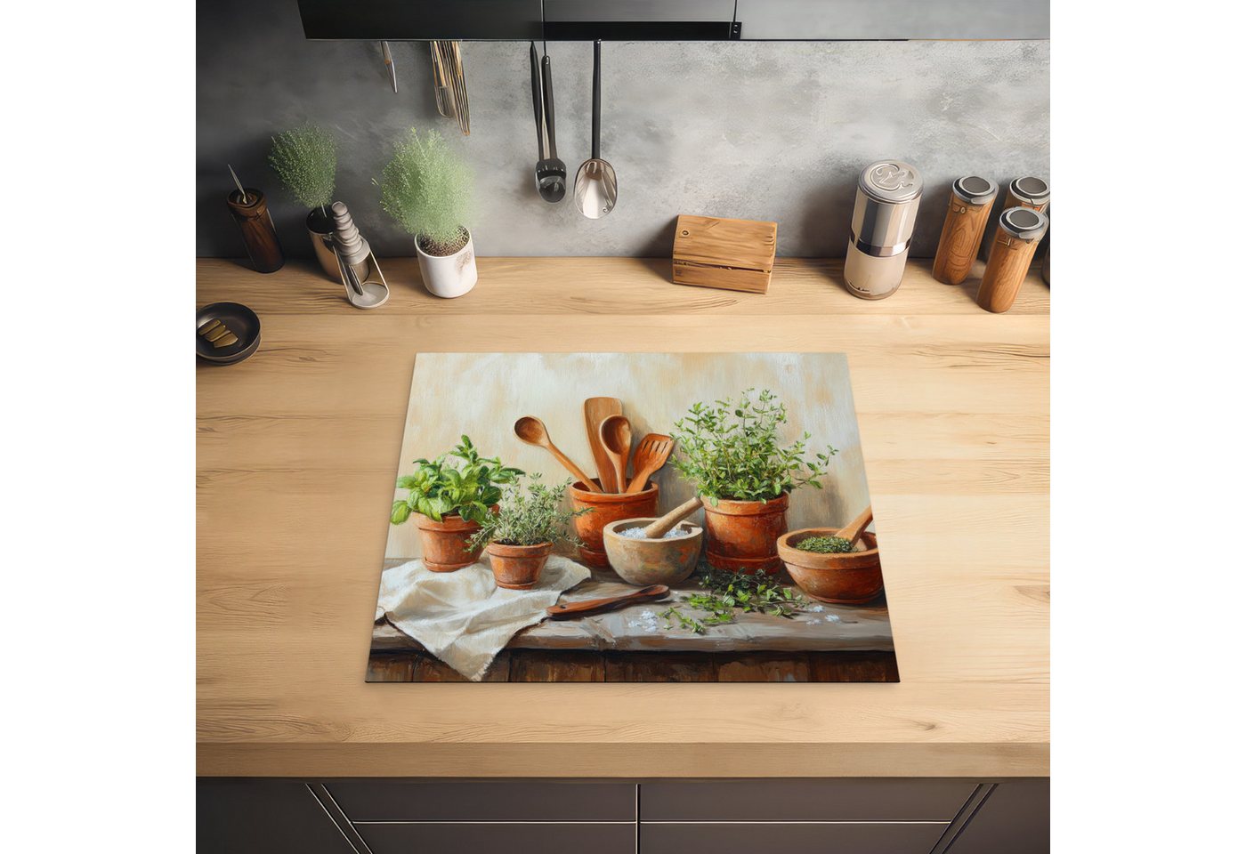 MuchoWow Herd-Abdeckplatte Töpfe - Kräuter - Holz, Vinyl, (1 tlg), Küche Herdabdeckplatte Ceranfeld Vinyl Einteilig, 59x52 cm Bild 2