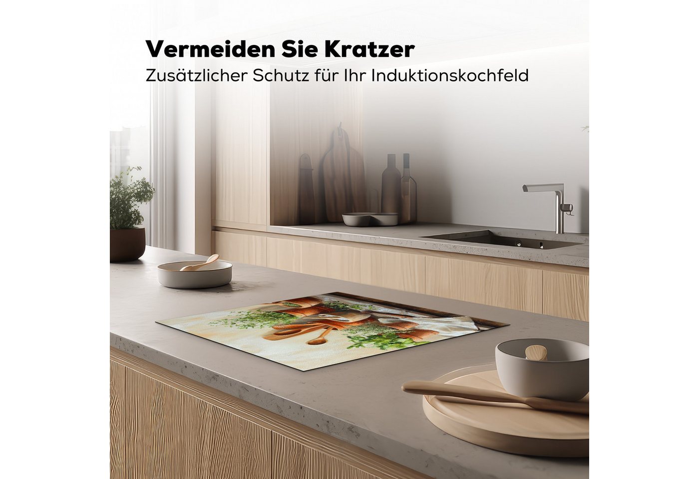 MuchoWow Herd-Abdeckplatte Töpfe - Kräuter - Holz, Vinyl, (1 tlg), Küche Herdabdeckplatte Ceranfeld Vinyl Einteilig, 59x52 cm Bild 4
