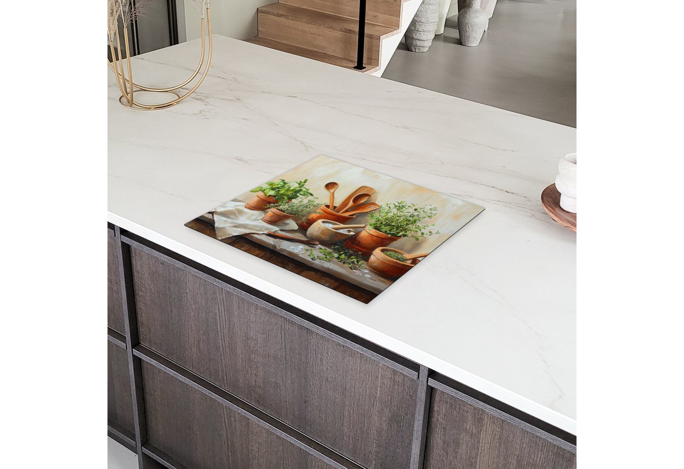 MuchoWow Herd-Abdeckplatte Töpfe - Kräuter - Holz, Vinyl, (1 tlg), Küche Herdabdeckplatte Ceranfeld Vinyl Einteilig, 59x52 cm Bild 5