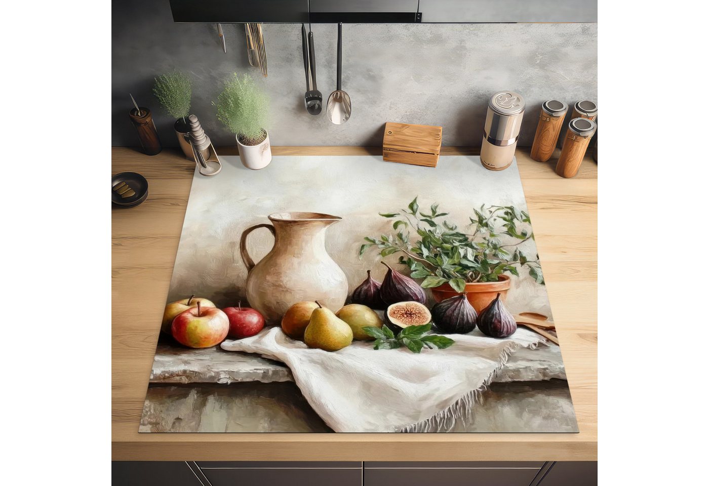MuchoWow Herd-Abdeckplatte Obst - Kräuter - Ländlich, Vinyl, (1 tlg), Cerankochfeld Abdeckung, Herd Abdeckplatten Vinyl, 58x59 cm