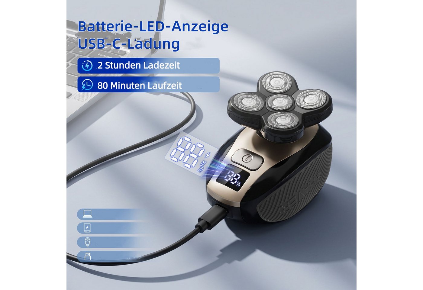 HATTEKER Elektrorasierer HT-6873, Aufsätze: 1, Kopf- und Rückenrasierer, Bartschneider Präzisionstrimmer, 2-in-1