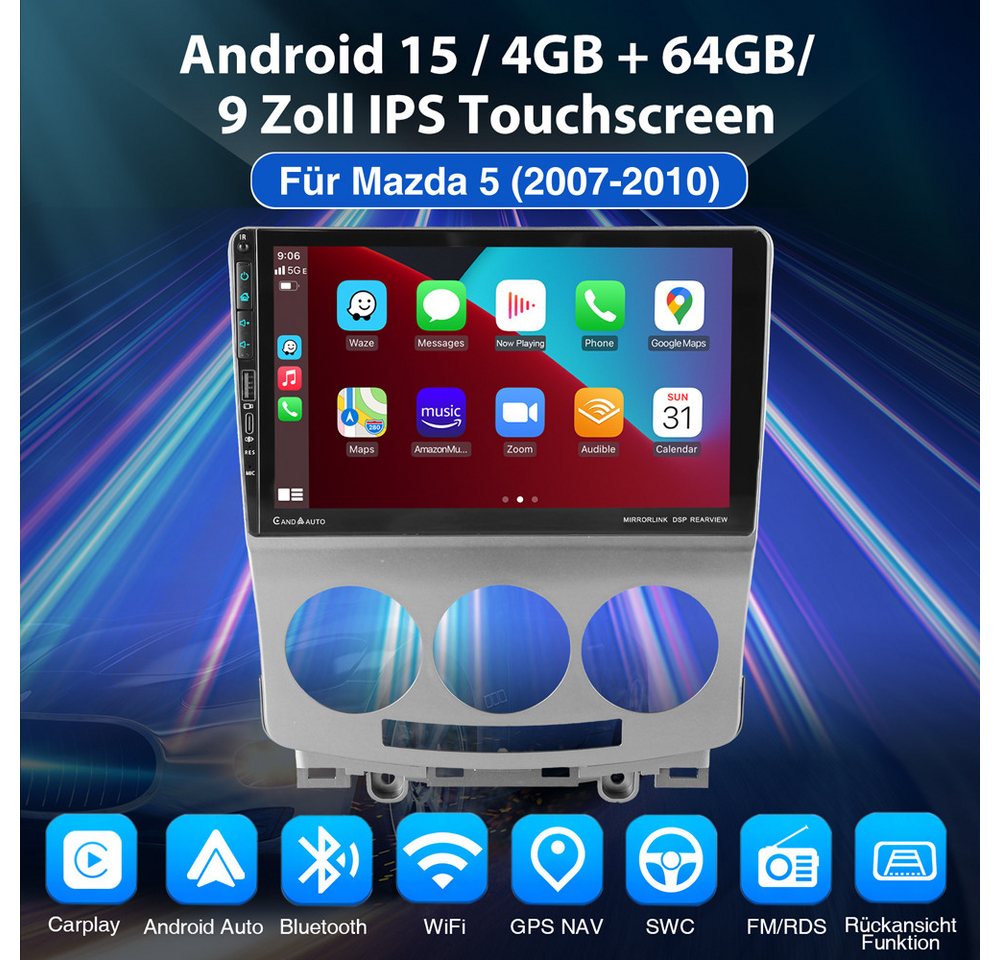 ESSGOO Für Mazda 5 V 2005-2010 Android 15 USB Apple Carplay Type-C Autoradio (RDS, Digitalradio (DAB), FM, AM, Carplay Android Auto GPS Navi WIFI BT)