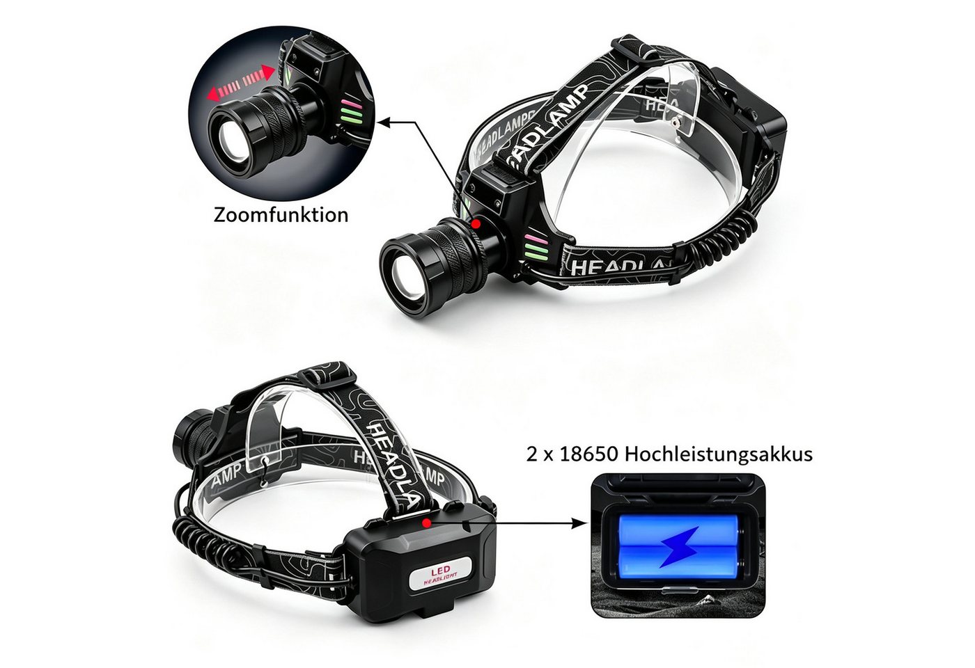 Toomoke LED Stirnlampe LED Stirnlampe Wiederaufladbar Extrem Hell Kopflampe 4 Modi (Stirnlampe mit Gestensteuerung, zoombar, 90° verstellbar), Stirnleuchte für Angeln, Camping, Wandern und Reparaturarbeiten Bild 2