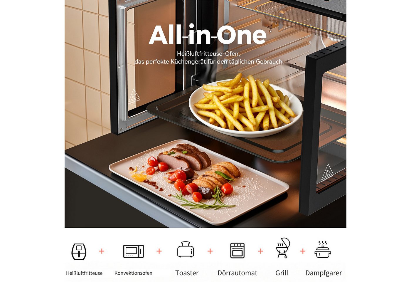 Rebonique Heißluftfritteuse XXL 28L mit Doppeltür & Sichtfenster, 1700 W, 18 Programme, Ohne Öl Gesundes Kochen, Pizza, Grill & Backofen