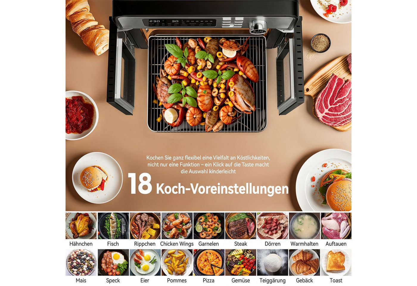 Rebonique Heißluftfritteuse XXL 28L mit Doppeltür & Sichtfenster, 1700 W, 18 Programme, Ohne Öl Gesundes Kochen, Pizza, Grill & Backofen Bild 3