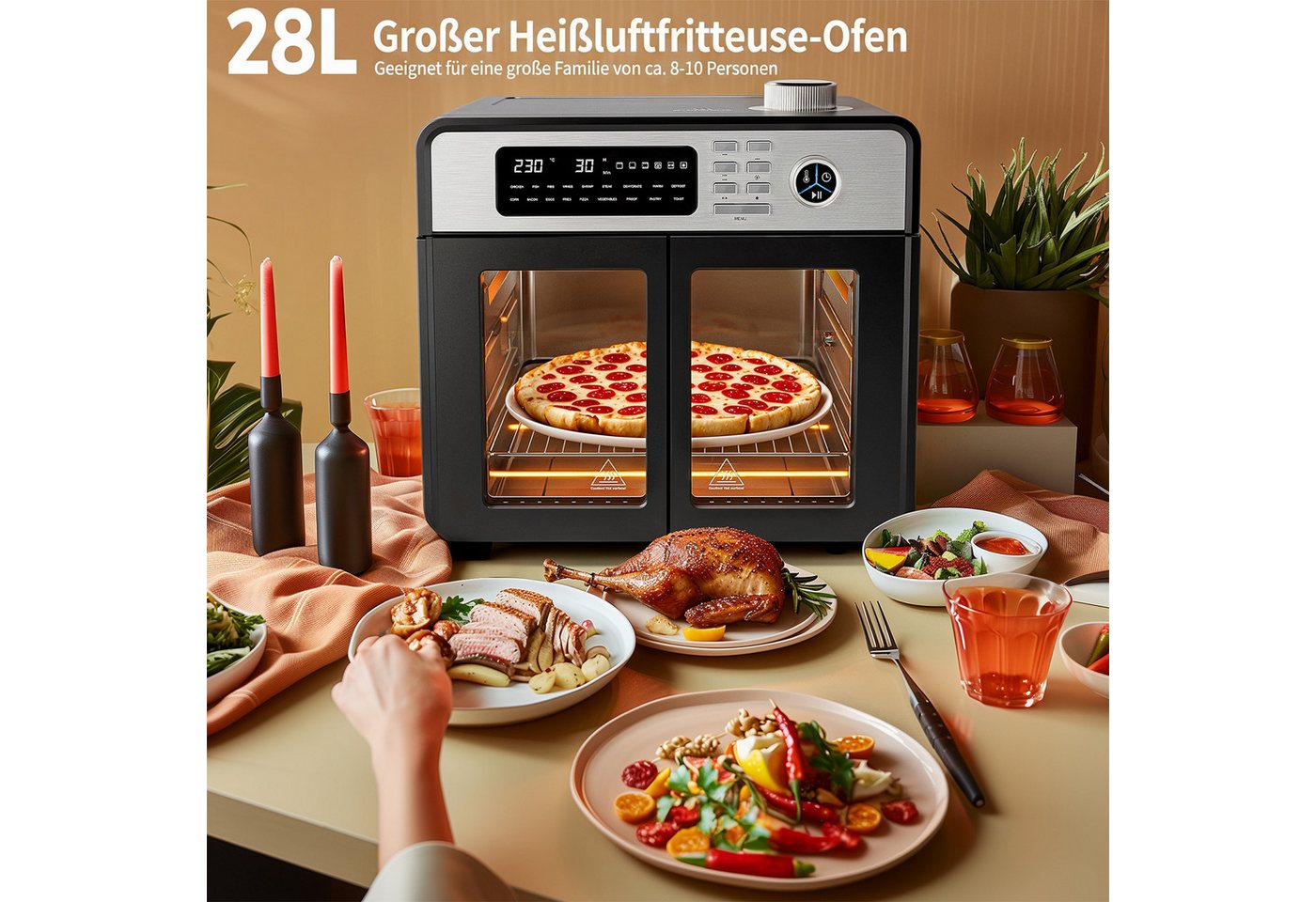 Rebonique Heißluftfritteuse XXL 28L mit Doppeltür & Sichtfenster, 1700 W, 18 Programme, Ohne Öl Gesundes Kochen, Pizza, Grill & Backofen Bild 5