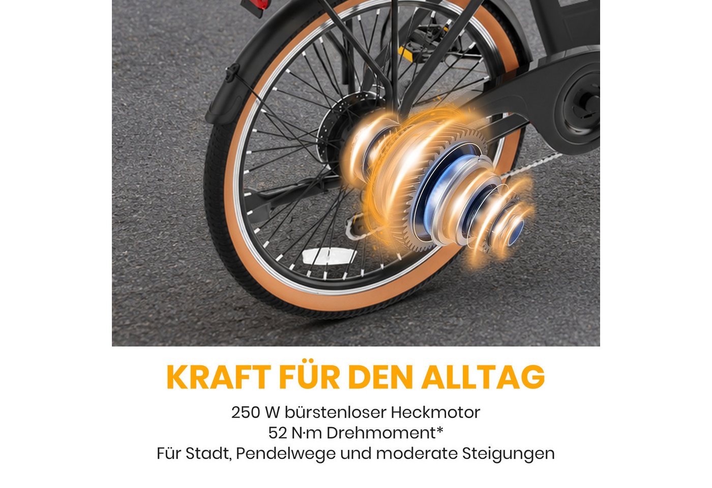 WHEELYOU E-Bike Cityrad Herren u. Damen E-Citybike 26 Zoll 250W 648Wh 120km Tiefeinsteiger, Kettenschaltung, Heckmotor, 648 Wh, (Beleuchtungsset mit Batterieladegerät, Batterieschlüssel, Werkzeug), 52 Nm Heckmotor Shimano 7-Gang Federgabel mech. Scheibenbremse Bild 5