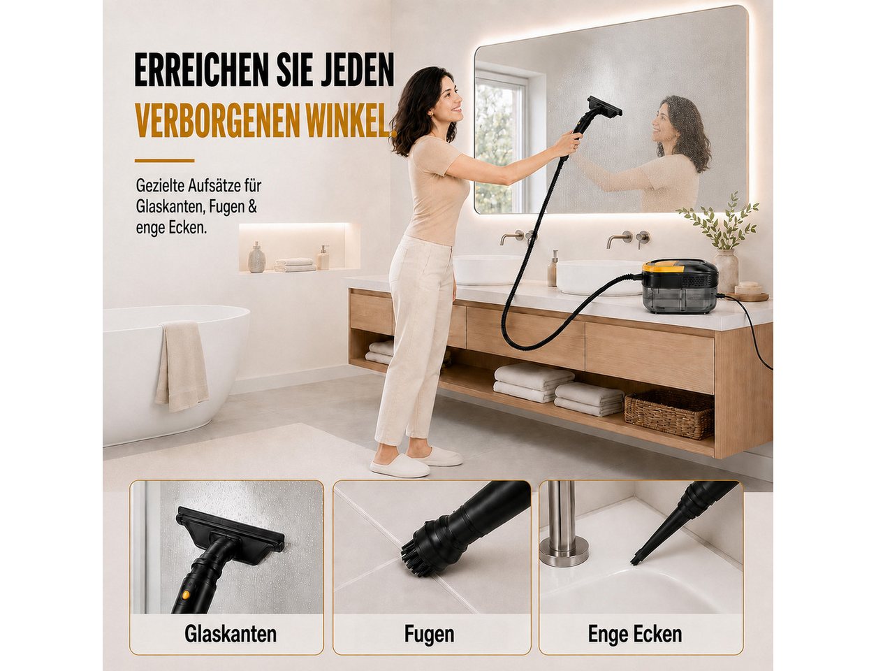 Futicare Dampfreiniger Handdampfreiniger 2500 W, bis zu 100 °C, 3 bar, ca. 10 Sek., 1600 ml, 2500 W, 3 Dampfstufen, Tragbarer Reiniger mit Zubehör für Küche, Fenster, Bad und Auto