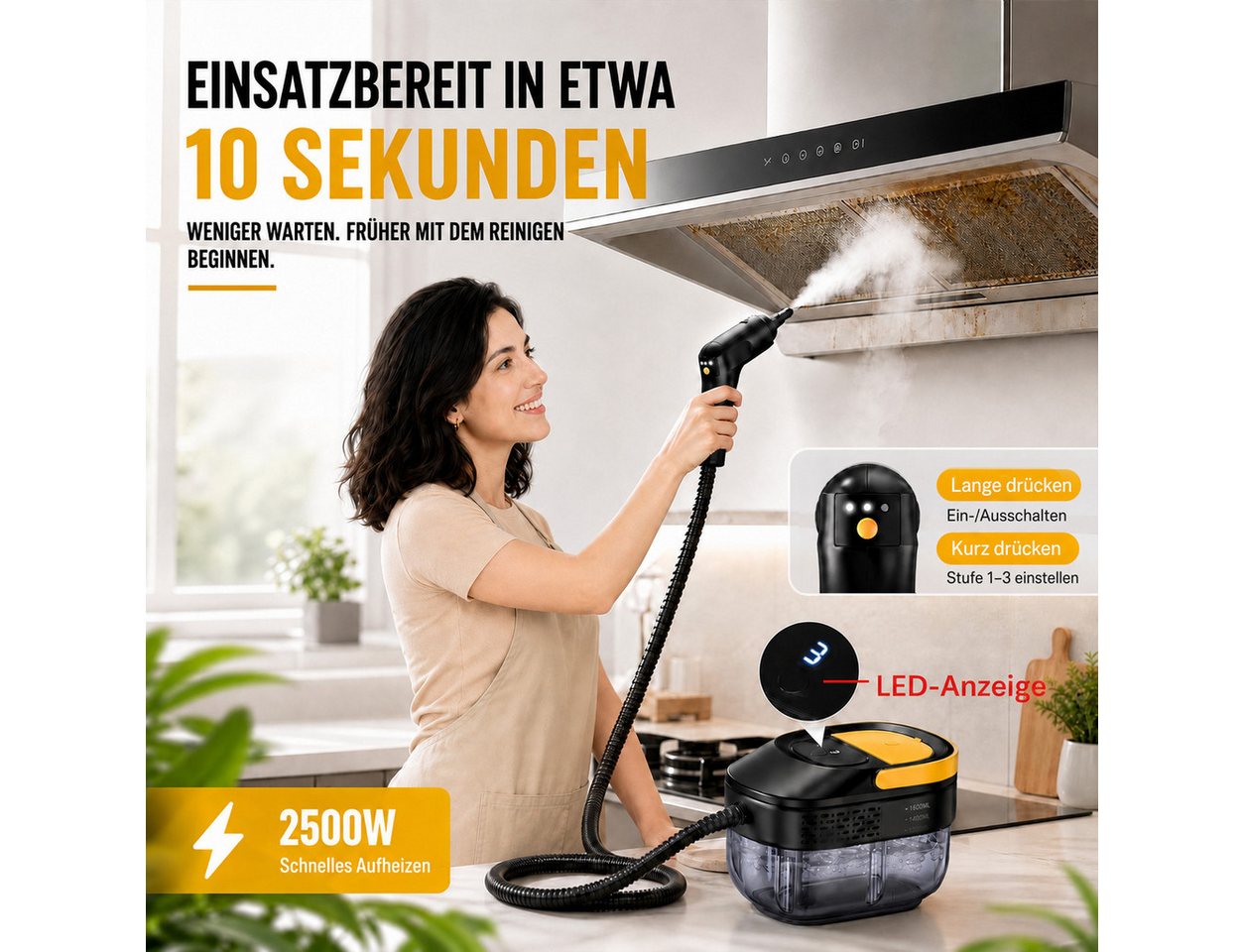 Futicare Dampfreiniger Handdampfreiniger 2500 W, bis zu 100 °C, 3 bar, ca. 10 Sek., 1600 ml, 2500 W, 3 Dampfstufen, Tragbarer Reiniger mit Zubehör für Küche, Fenster, Bad und Auto Bild 4