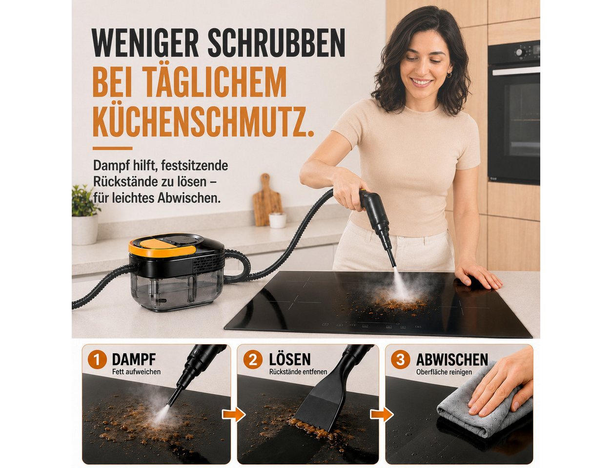 Futicare Dampfreiniger Handdampfreiniger 2500 W, bis zu 100 °C, 3 bar, ca. 10 Sek., 1600 ml, 2500 W, 3 Dampfstufen, Tragbarer Reiniger mit Zubehör für Küche, Fenster, Bad und Auto Bild 5