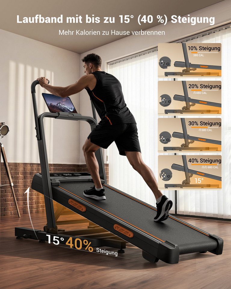 BAYMATE Laufband für Zuhause (130 cm extra lange Handläufe für mehr Stabilität, leiser Betrieb, perfekt fürs Homeoffice, für mehr Stabilität, platzsparendes 15 cm Design), 40 % Steigung, 12 km/h, ideal für Zuhause Bild 4