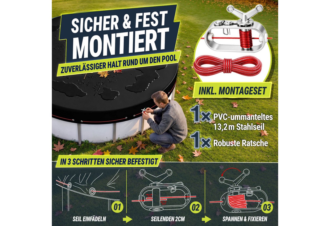 tillvex Pool-Abdeckplane tillvex® Premium Poolabdeckung rund mit Montageset, Solar Pool Abdeck (Abdeckung UV-beständig Schwimmbecken Schwimmbad, Solar Pool Abdeckplane mit 200g/m² Poolplane Rundpool), Premium Poolabdeckung rund mit Montageset für Sommer & Winter Bild 5