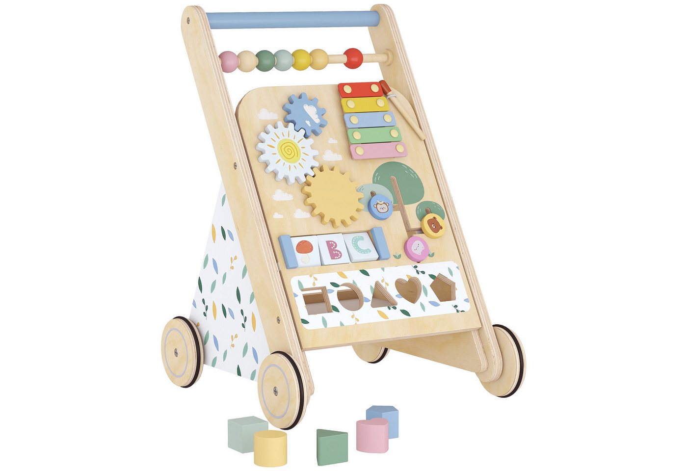 AIYAPLAY Lauflernwagen Holz Lauflernhilfe mit Rädern regulierbarer Geschwindigkeit Bauklötze, (Montessori Aktivitätszentrum, 1-tlg., Baby Walker Gehhilfe), für Kleinekinder ab 18 Monaten