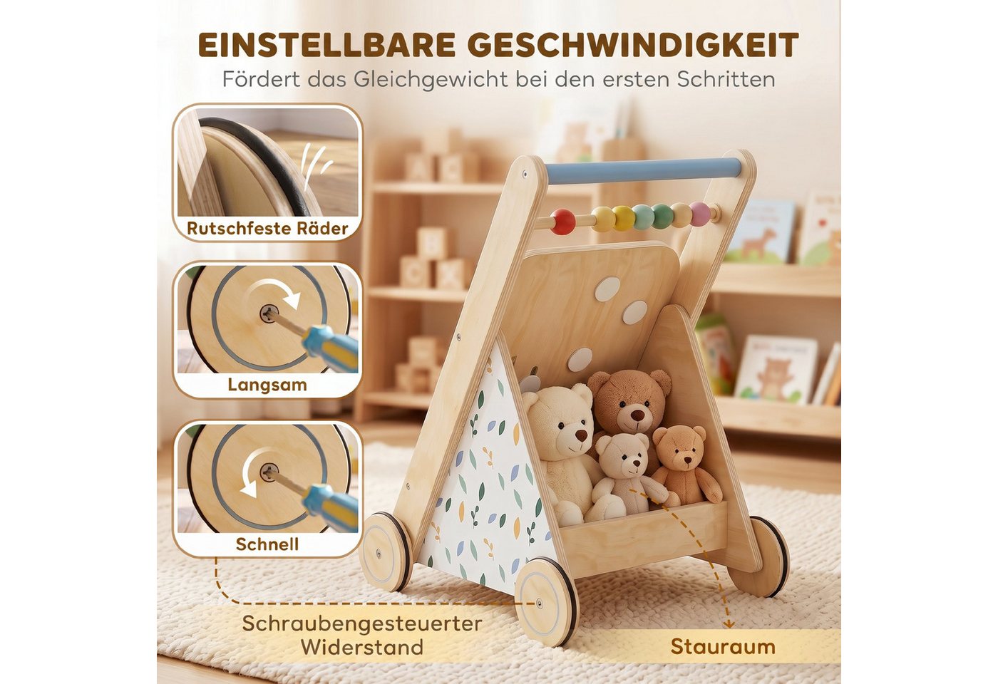 AIYAPLAY Lauflernwagen Holz Lauflernhilfe mit Rädern regulierbarer Geschwindigkeit Bauklötze, (Montessori Aktivitätszentrum, 1-tlg., Baby Walker Gehhilfe), für Kleinekinder ab 18 Monaten Bild 2