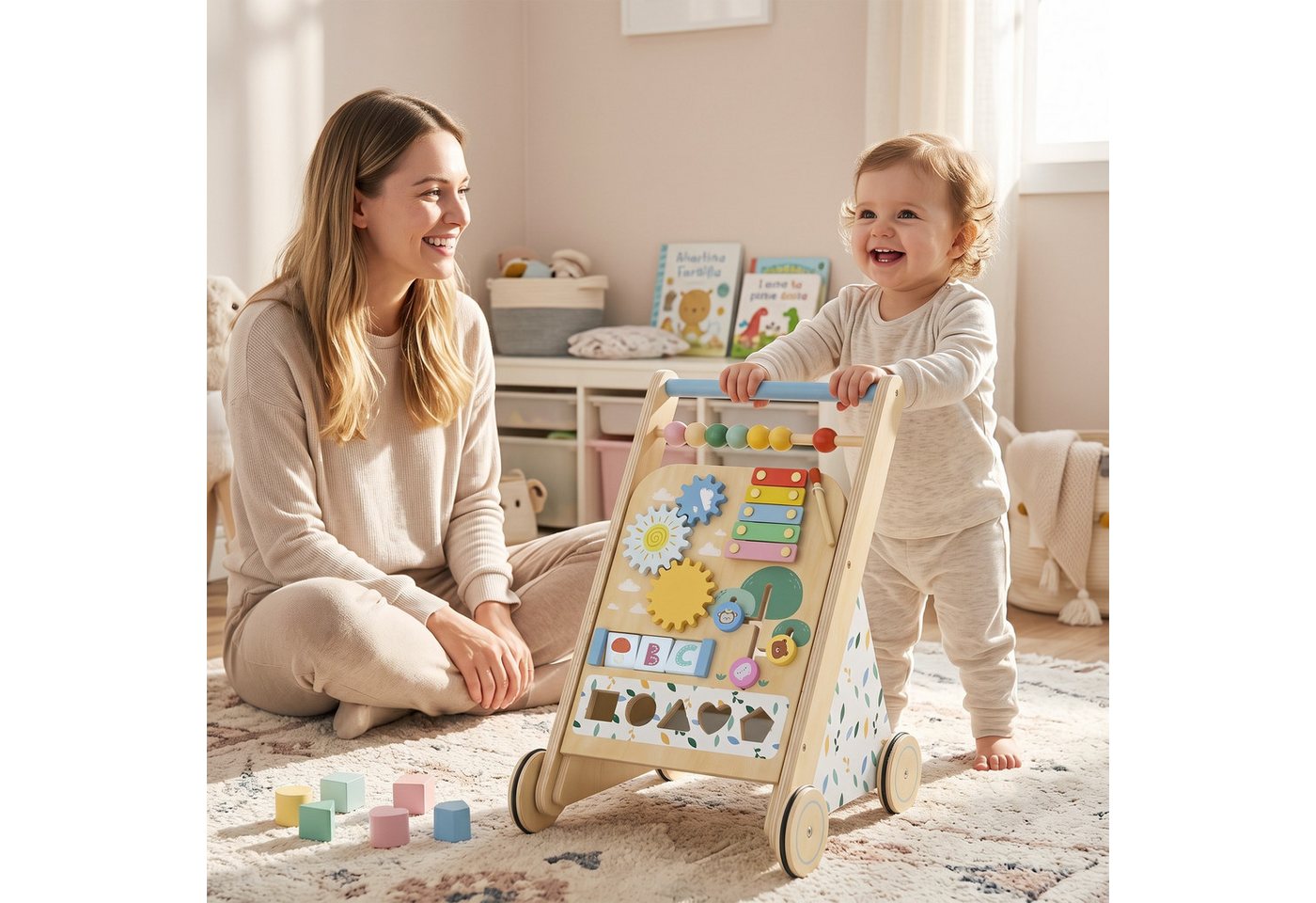 AIYAPLAY Lauflernwagen Holz Lauflernhilfe mit Rädern regulierbarer Geschwindigkeit Bauklötze, (Montessori Aktivitätszentrum, 1-tlg., Baby Walker Gehhilfe), für Kleinekinder ab 18 Monaten Bild 3